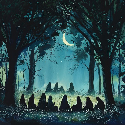 Journey to an ancient woodland where mystical beings perform a ritual under the moonlight. The hypnotic rhythms and eerie melodies create an otherworldly, dreamlike atmosphere.