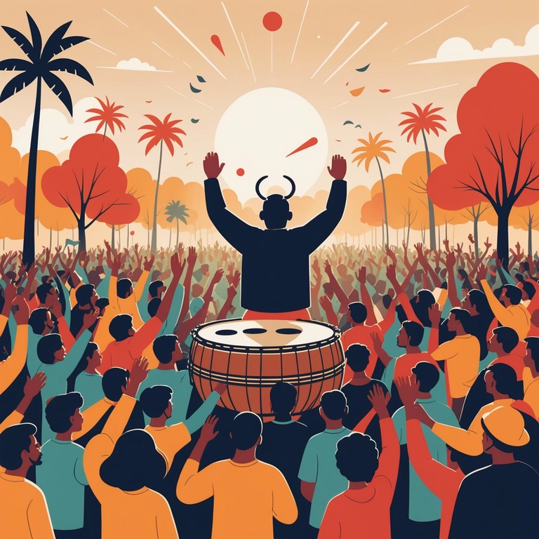 An alternative description focusing on the overwhelming sense of triumph and communal joy reflected through impactful and resonant drumming patterns, ideal for soundtracking moments of grand celebration or achievement.