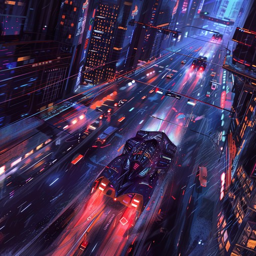 Feel the adrenaline rush as you speed through a neon drenched dystopian city, evading capture, driven by relentless synth beats. This track embodies the urgency and thrill of a high speed pursuit in a cyberpunk setting.