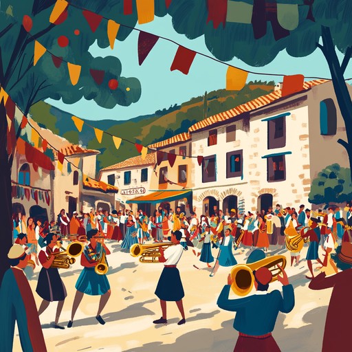 An instrumental track featuring vibrant brass instruments playing lively rhythms inspired by traditional balkan folk festivals. The music captures the joyful atmosphere of village celebrations with energetic melodies and infectious beats that make listeners want to dance.