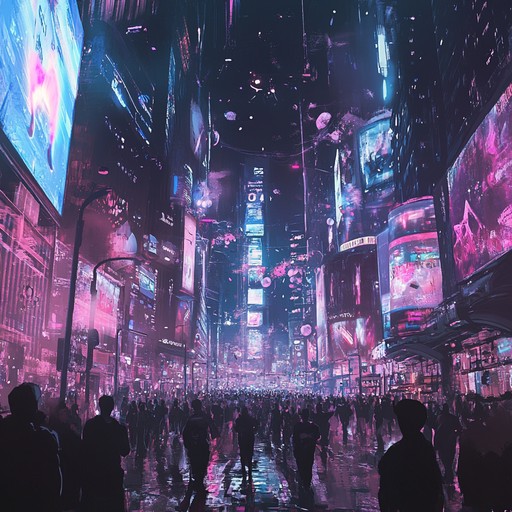 A vibrant, dynamic track merging futuristic electronic sounds and synths to create an exuberant celebration within a neon drenched cyberpunk city. Pulsing with energy and joy, it captures the essence of a triumphant moment against a backdrop of glowing skyscrapers and bustling streets.