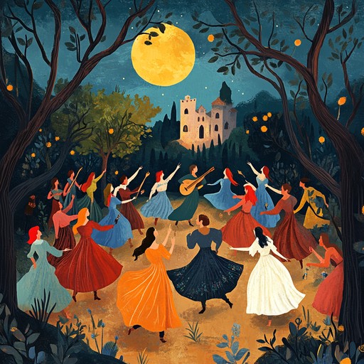 An enchanting lute composition that transports listeners to a moonlit medieval festival where lovers dance joyfully under the shimmering stars, celebrating love and life with spirited melodies.