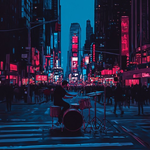 A snare drum captures the essence of a bustling city at night, reflecting the vigor of the urban environment through sharp, rhythmic patterns and occasional improvised solos that mirror the unpredictability of city life.