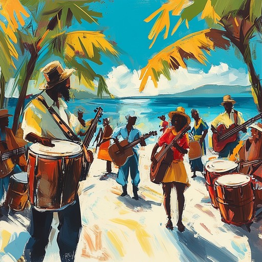 A lively instrumental track combining infectious calypso beats with funk infused basslines and brass, capturing the essence of a tropical party.