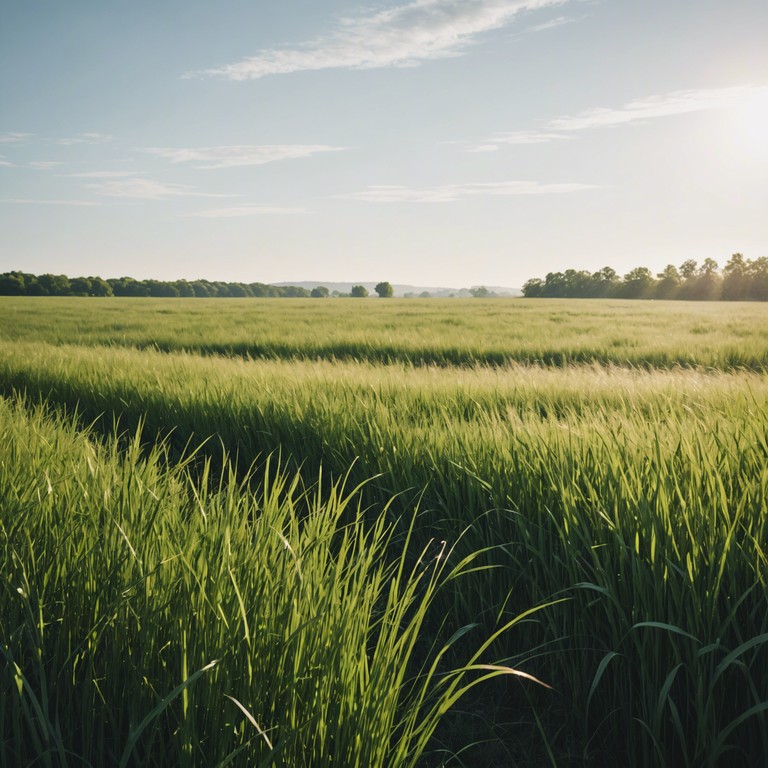 The composition captures the essence of a peaceful afternoon in vast, open meadows, where the gentle whisper of the wind harmonizes with the soft rustling of grass. Subtle, soothing tones simulate a tranquil escape to nature's embrace.