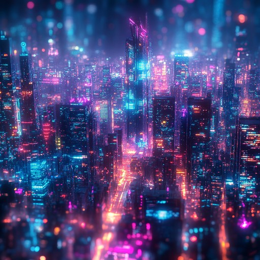 Embark on an electrifying adventure through neon skies with bright, gleaming synths painting a dynamic background. Set against a cyberpunk dystopia, the music bursts with high energy and evokes happiness, embodying the thrill of exploring a technologically advanced world full of endless possibilities.