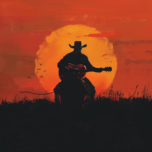 Picture a lone cowboy calmly riding across the vast, open plains as the sun sets in the distance, painting the sky in warm hues of orange and pink. The gentle strumming of an acoustic guitar fills the air, evoking a sense of peace and tranquility, transporting listeners to a place of quiet reflection and natural beauty.