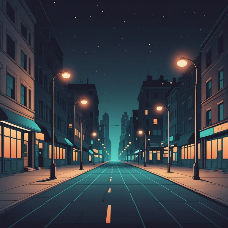 This composition captures the essence of a solitary wander through the quiet, illuminated streets of a sleeping city. Distant city murmur blends with the intimate twinkle of street lights, manifesting a scene where tranquility meets isolation. The echo of slow moving traffic and nocturnal whispers create a spacious, yet introspective atmosphere.