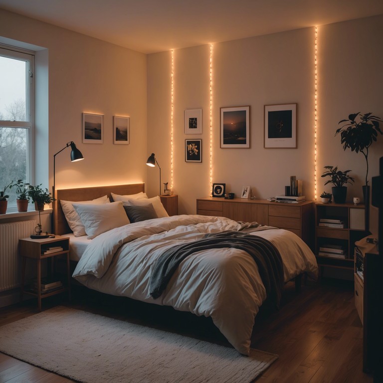 Imagine lying in a cozy, dimly lit bedroom, surrounded by soft, ethereal soundscapes that blend seamlessly with the tranquility of the night. The track builds a comforting, dreamlike quality through lush synth layers and delicate melodic structures, perfect for introspective evenings or creative moments.