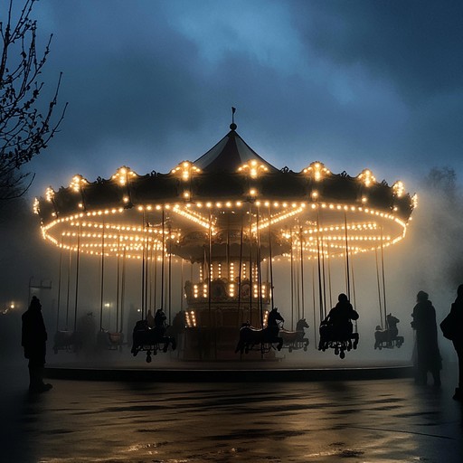 An instrumental track that weaves together whimsical, playful melodies with haunting, mysterious tones, creating a captivating and enigmatic atmosphere reminiscent of a twilight carousel ride shrouded in mist.