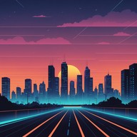 uplifting beats, futuristic synths, vibrant city night