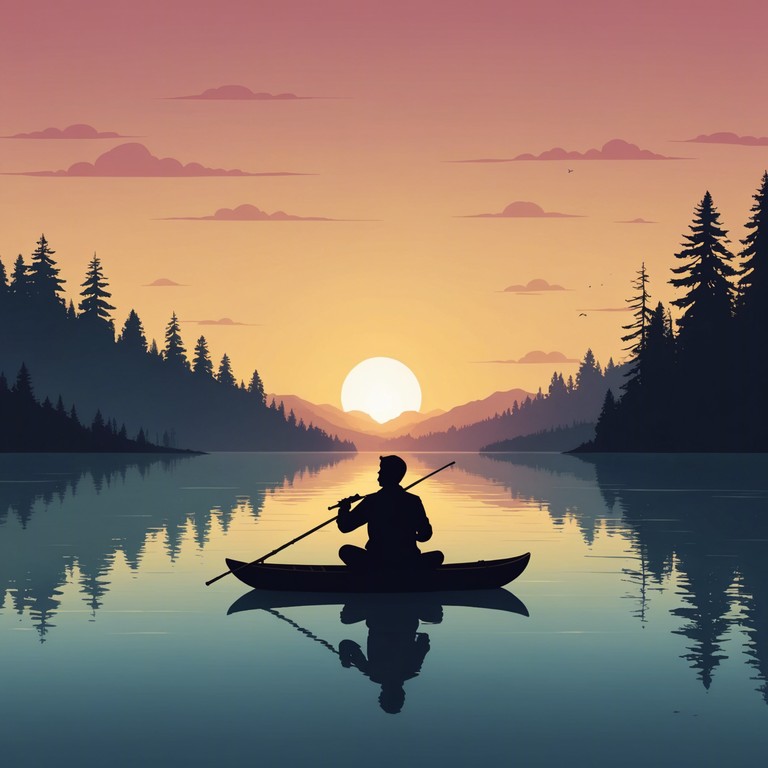 Imagine a serene boat journey at dusk, water softly laps at the sides as the sky transitions from golden orange to deep indigo. A solitary musician plays, their music merging with the natural sounds around, creating an ambiance of calm and beauty. The melody is heartfelt and soothing, reflecting the quietude and splendor of nature at twilight.