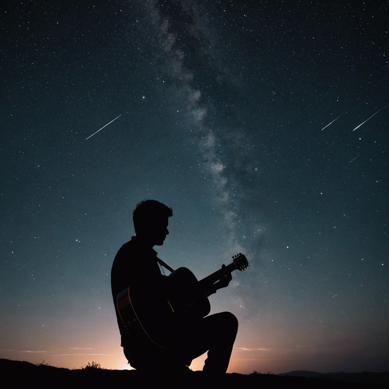 This composition captures the evocative essence of longing and reflection through the soft, persuasive tones of a classical guitar. Underneath the vast, starry night sky, each note plucks at the heartstrings of nostalgia and quiet introspection. The music meanders like a gentle river of memories, flowing into the realms of peaceful solitude and serene melancholy.