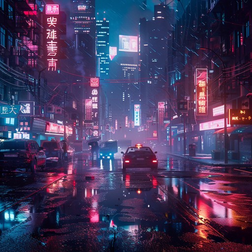 Experience a cyberpunk world filled with heartwarming melodies and futuristic synths. Neon lights illuminate the rainy streets as warm, lush harmonies blend with high tech beats, creating an emotional journey through a cybernetic metropolis. The soundscape envelops listeners in a comforting embrace, balancing mechanical elements with organic warmth.