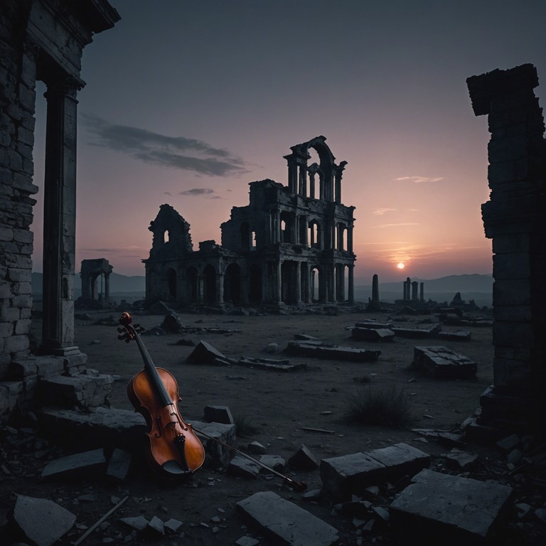 Dive deeper into the essence of a civilization long past with this powerful symphonic metal track that blends the fierce agility of violins with the depth of orchestral power, encapsulating the spirit and struggle of ancient warriors against a backdrop of foreboding landscapes