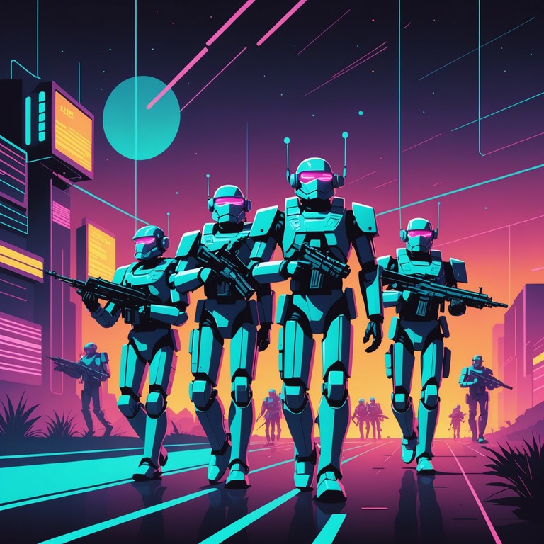 This track features a strong, rhythmic military march overlaid with futuristic electronic elements, invoking images of a high tech battlefield or an army of robots marching under a digital sky. The fusion of traditional military music with modern electronic sounds creates a bold, energetic atmosphere, perfect for depicting advanced warfare scenarios.