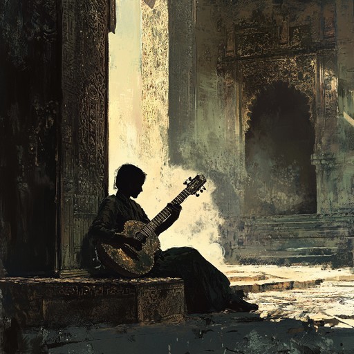 The midnight air is filled with the somber yet enchanting tones of the sitar, each note resonating with a sense of eternal mystery. The composition dances between light and shadow, bringing forward an ancient wisdom and a deep, haunting beauty.