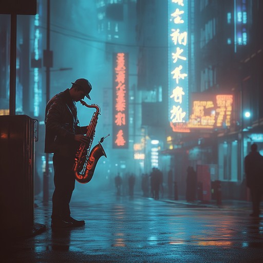 An instrumental jazz track with soulful saxophone melodies that weave through the quiet streets of a city at night, capturing the essence of longing and reflection under the glow of neon signs.