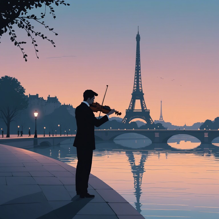 Experience the magic of a passionate, classical melody as it dances through the air on a splendid parisian night near the iconic eiffel tower, enhancing the romantic atmosphere with every note.