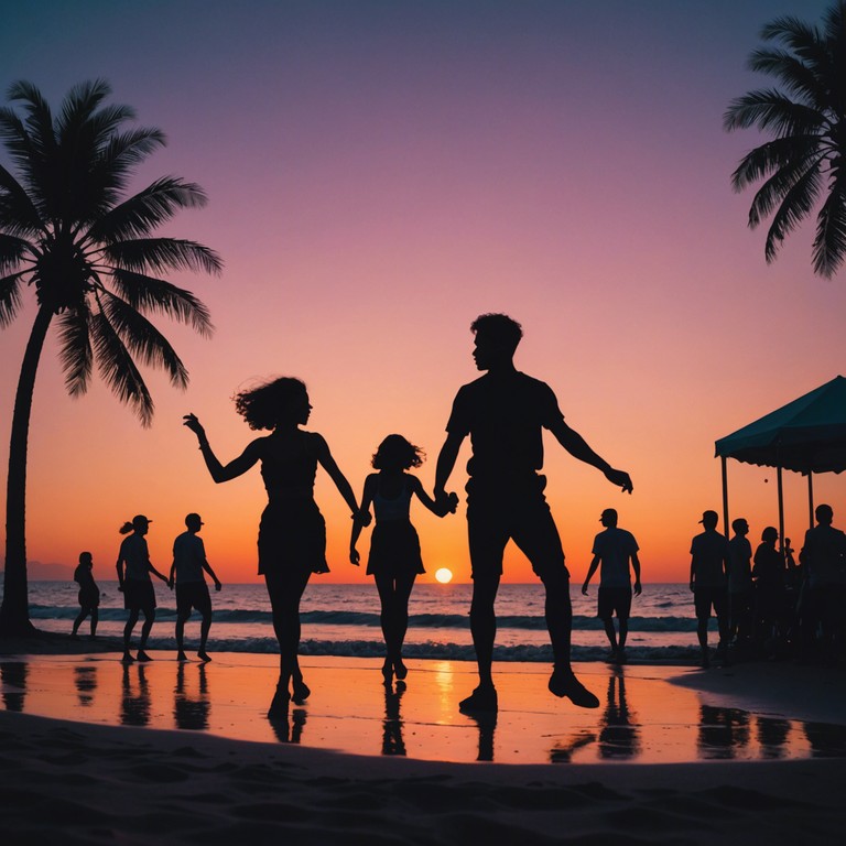 As the horizon blends orange and blue, the gentle sea breeze complements the spirited dance of a group celebrating on the beach, their movements in perfect harmony with the trumpet's lively salsa beats.