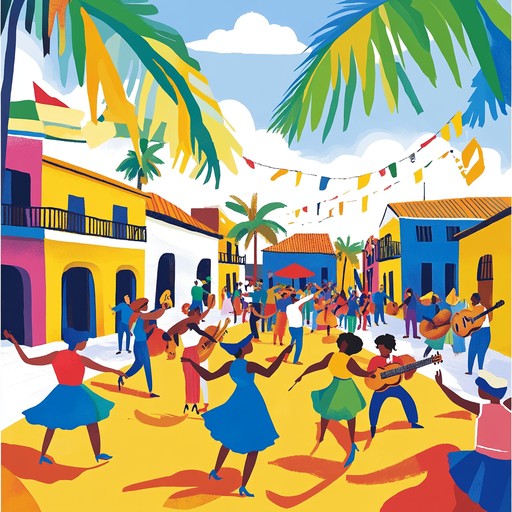 An upbeat instrumental blending energetic latin percussion with swinging jazz horns, evoking the joyful atmosphere of a tropical street festival.