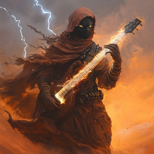 An intense fusion track that brings together aggressive middle eastern melodies with powerful modern electronic beats. The electric saz's haunting tones intermingle with thunderous darbuka rhythms, creating a menacing and dramatic soundscape that mirrors a fierce battle in the desert. The energy is fierce, wrapped in a dark and foreboding aura.