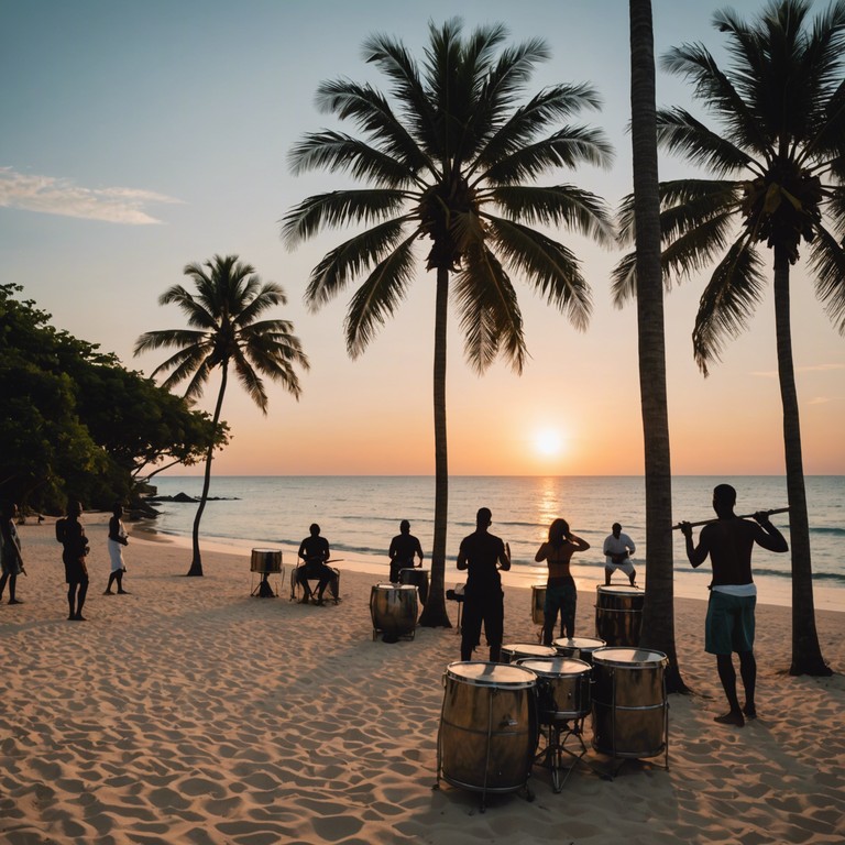 Imagine dancing on a bright, sandy beach with festive decorations around, the sun setting in the background, and everyone moving joyfully to the beats of this lively track that embodies the spirit of a caribbean festival.