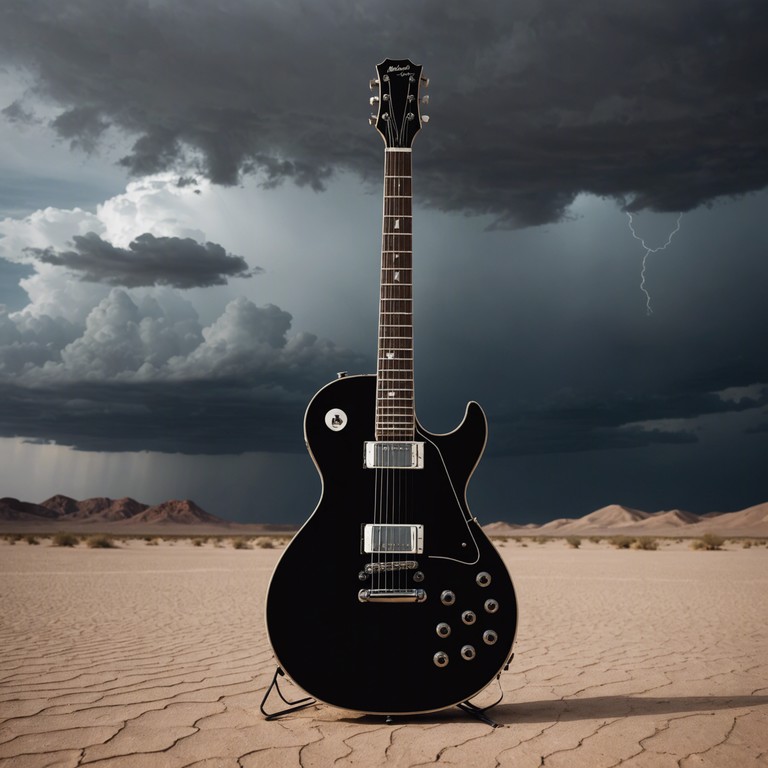 In sands of sonic storms, electric guitar riffs and oud melodies battle it out against a backdrop of thundering drums and bass, depicting a musical storm that dances across the desert sands, leaving a trail of sonic resonance in its wake.