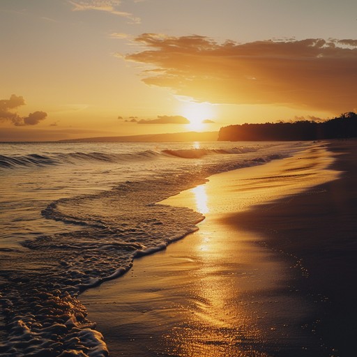 Soak in the relaxing beach vibes as the sun sets over a tranquil tropical paradise. Gentle waves lap at the shore, and a soothing melody created by the sound of an acoustic guitar fills the air, capturing the essence of a peaceful evening by the ocean.