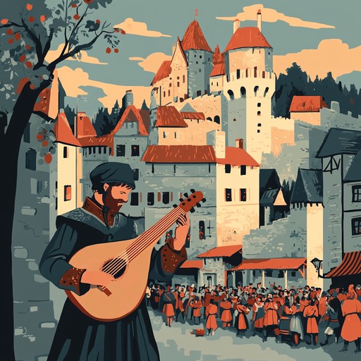 An instrumental piece inspired by troubadours, featuring spirited lute melodies over rhythmic percussion, evoking a bustling castle festival.