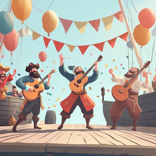 An amusing instrumental piece featuring lively ukulele tunes blended with jaunty pirate inspired polka rhythms, evoking an adventurous and playful vibe ideal for celebrations.