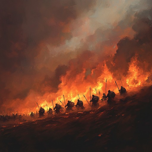 A high energy instrumental piece that features heavy electric guitar riffs, thunderous drums, and aggressive bass lines, designed to evoke the imagery of a raging battlefield. The music alternates between intense verses and soaring choruses with powerful dynamics, delivering a sense of heroism and confrontation.