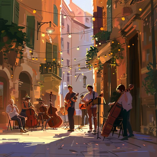 An energetic jazz composition that instantly transports listeners to a bustling, sunlit street where musicians passionately jam on their instruments, creating a joyful and celebratory atmosphere. The track features sparkling piano melodies, syncopated rhythms, and vibrant brass sections, setting the mood for a perfect summer day.