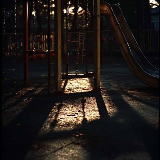 An instrumental track blending toy sounds and electronic elements to create an unsettling atmosphere reminiscent of a deserted playground at dusk