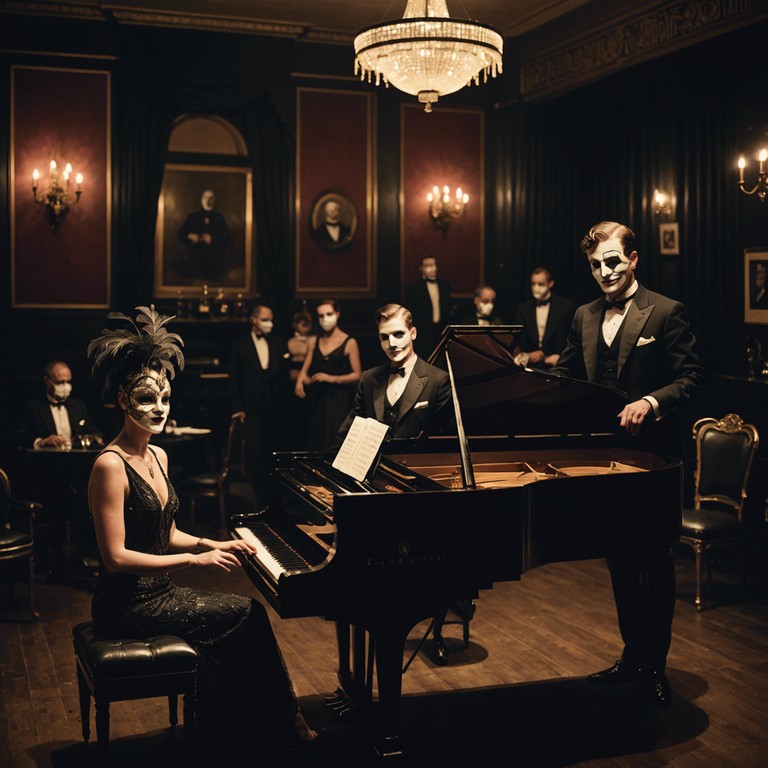 In a hidden, smoke filled cabaret club during the roaring 1920s, a pianist plays vibrant yet mysteriously dark melodies that echo both elation and secrecy, captivating the masked audience in a dance of light and shadow.