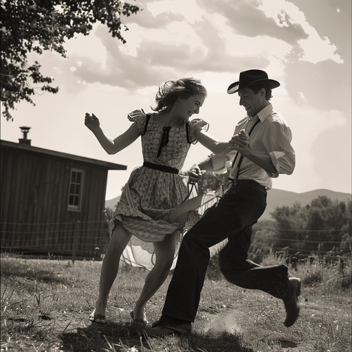 This lively and energetic instrumental bluegrass folk tune features fast-paced fiddle playing, strumming acoustic guitars, and steady percussion to create an irresistible hoedown dance rhythm. Perfect for square dancing or lively celebrations in the appalachian mountains.