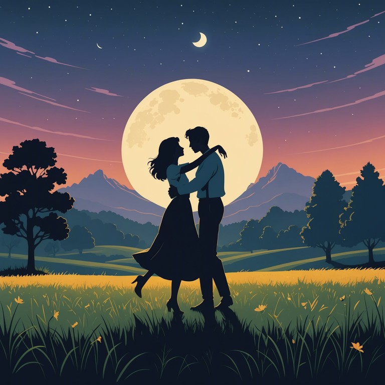 Imagine a serene night where two lovers share a moment, the air filled with sweet banjo melodies creating a perfect romantic backdrop, fostering a sense of intimacy and affection.