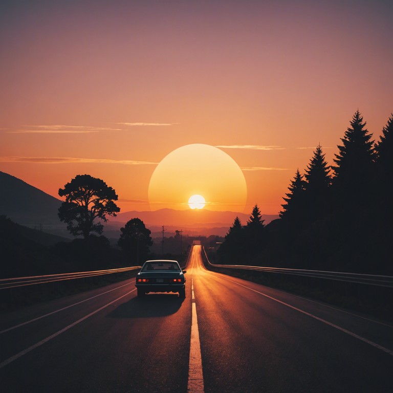 Imagine a smooth, flowing melody synth driven traversing through the nostalgic soundscapes of the '80s, embodying the essence of a picturesque sunset drive with a retro flair. The track combines cinematic synth sounds with mellow beats, encapsulating the serenity of evening drives through neon lit streets.