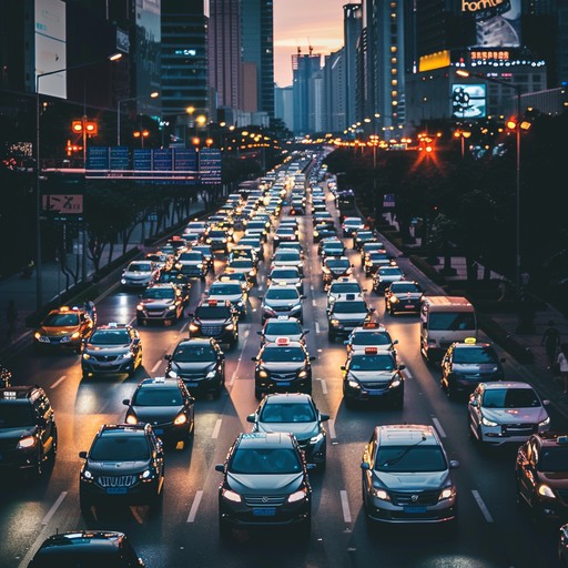 The sounds of honking cars, screeching tires, and revving engines fill the air as the city's streets become a chaotic symphony during the peak of rush hour traffic.