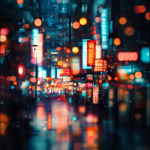 An instrumental piece featuring echoing synthesizers and gentle rhythms, capturing the feeling of drifting through a neon lit city at night, with reflections and shadows painting a mesmerizing urban dreamscape