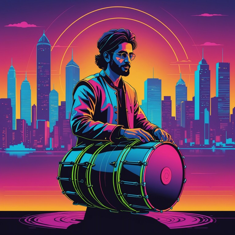 In this track, the vibrant energy of traditional bhangra is transformed through a lens of futuristic synth layers and electronic beats, creating a sound that bridges past and future in an ecstatic dance rhythm. This piece features an engaging mix of dhol drumming and electronic manipulations, emphasizing a blend of heritage and modernity.