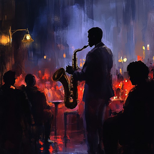 Immerse in the up tempo, lively jazz scene of harlem during the 1940s, with a focus on a saxophone player's improvisation captivating the audience at a buzzing speakeasy.