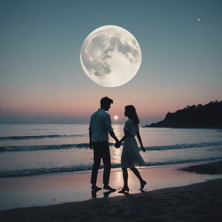 A dreamy, mellifluous romantic song with delicate rhythms and a soothing atmosphere, capturing the essence of a moonlit dance between lovers. The music transcends into a soft, romantic rumba beat reflecting gentle whispers and tender moments shared beneath the starlit sky.