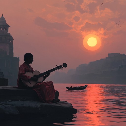 An instrumental showcasing ancient hindustani music through sitar and tabla, channeling the spiritual grandeur and sacredness of the ganges river, blending intricate raagas with dynamic musical interplay.