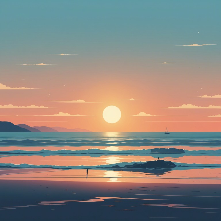 Imagine a soundscape that encapsulates the calming nature of the seaside as the sun sets, creating a uniquely tranquil auditory experience with layers of synthesizer creating a reflective, meditative environment.