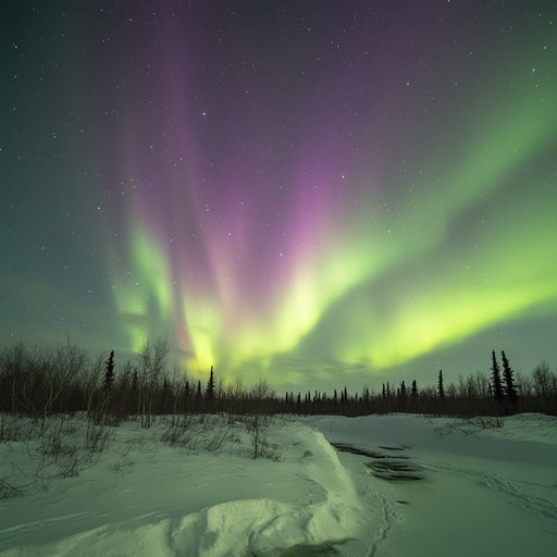 This track channels the serene yet profound ambience of the arctic night under the ethereal glow of the aurora borealis. Utilizing traditional indigenous instruments and vocal techniques, it seeks to embody the soulful depth and mystical essence of arctic landscapes and cultures. The soundscape builds on gentle drum patterns, mimicking ancient shamanic rituals, intertwined with ethereal vocal echoes conveying a deep connection to nature and the spirit world.