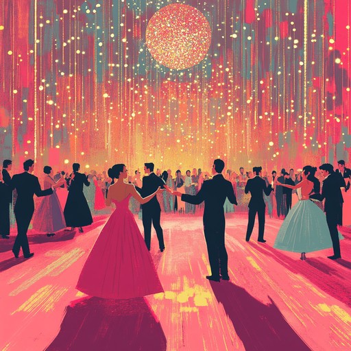 Step into a radiant ballroom where shimmering rhythms of nu disco create an elegant atmosphere, blending the sophistication of a high society gathering with the energetic vibe of a disco night.