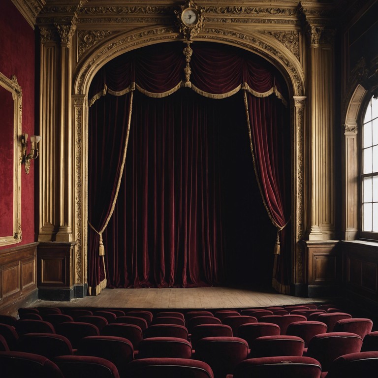 In a dimly lit victorian theater, ghostly whispers swirl as a single violin conjures a spectral melodic tapestry, embodying the theater's long and mysterious past. The theatrical piece evokes images of velvet curtains and whispered secrets of forgotten plays.