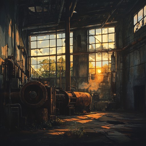 An instrumental track blending heavy industrial rock elements with haunting melodies to evoke a deep sense of yearning and nostalgia amidst a backdrop of mechanical decay and urban desolation.