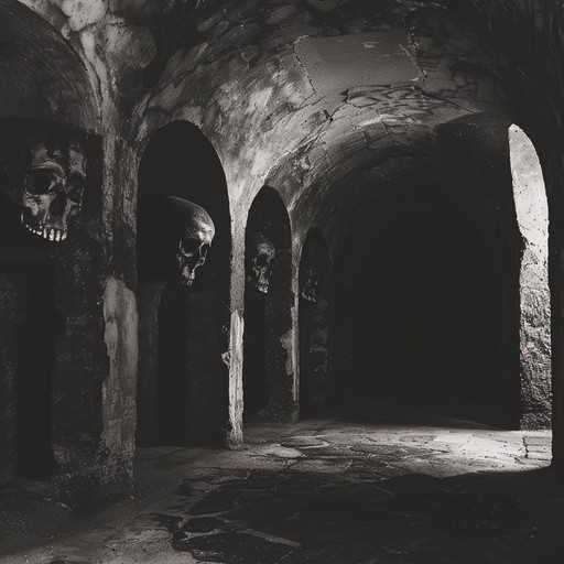 This intense heavy metal instrumental track features blistering guitar riffs, pounding double bass drums, and haunting minor key melodies. The fast tempo and aggressive playing style create an ominous, dark atmosphere, evoking images of descending into a dank, ancient crypt filled with unspeakable horrors. Occasional dissonant chords and unsettling sound effects add to the spine-chilling mood.